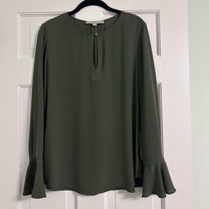 LOFT Green Bell Sleeve Blouse with Mandarin Collar